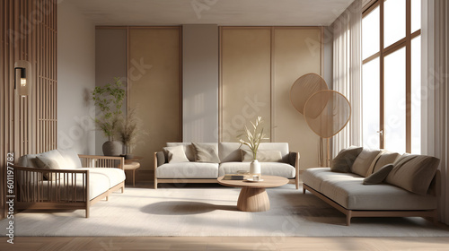 Modern interior japandi style design livingroom. Lighting and sunny scandinavian apartment with plaster and wood. © Prasanth