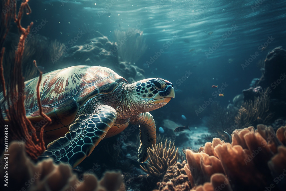 Obraz premium Beautiful sea turtle closeup in a coral reef under the ocean