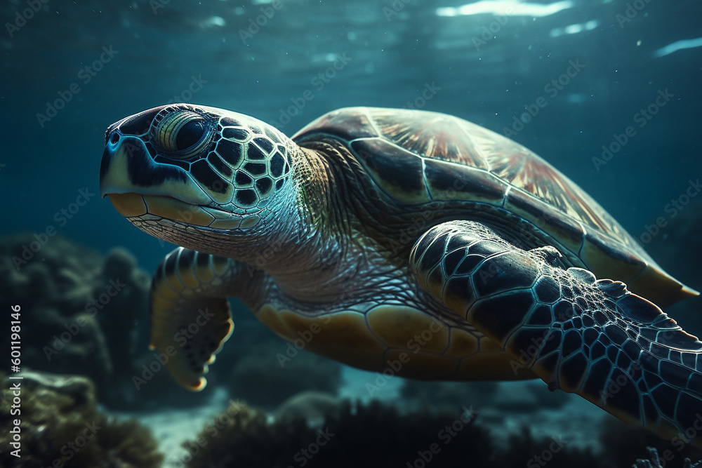 Fototapeta premium Beautiful sea turtle closeup in a coral reef under the ocean