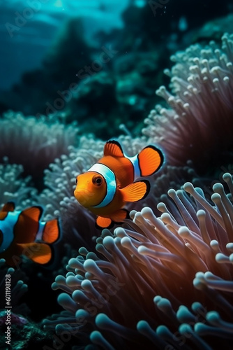 Beautiful clown fish closeup in a coral reef and anemone under the ocean © Jeremy