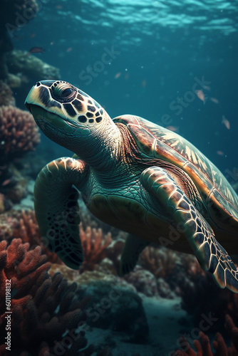 Beautiful sea turtle closeup in a coral reef under the ocean