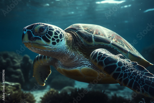 Beautiful sea turtle closeup in a coral reef under the ocean