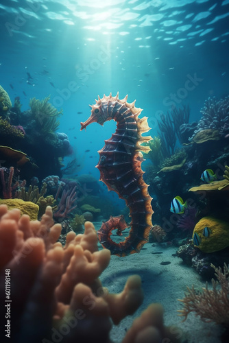 Beautiful seahorse in a coral reef under the ocean