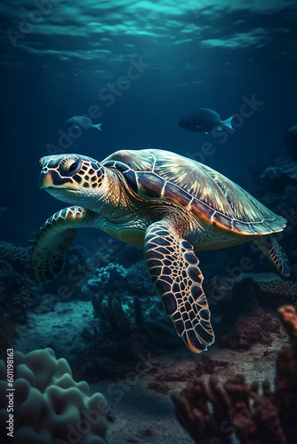 Beautiful sea turtle in a coral reef under the ocean