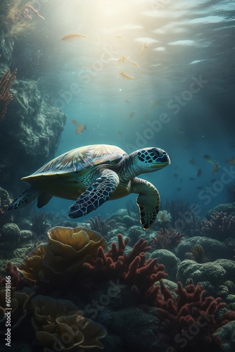 Beautiful turtle in a coral reef under the ocean © Jeremy