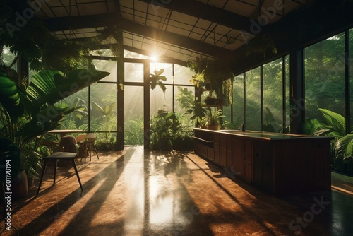 Stunning rainforest interior with modern windows and jungle views during golden hour. Generative AI
