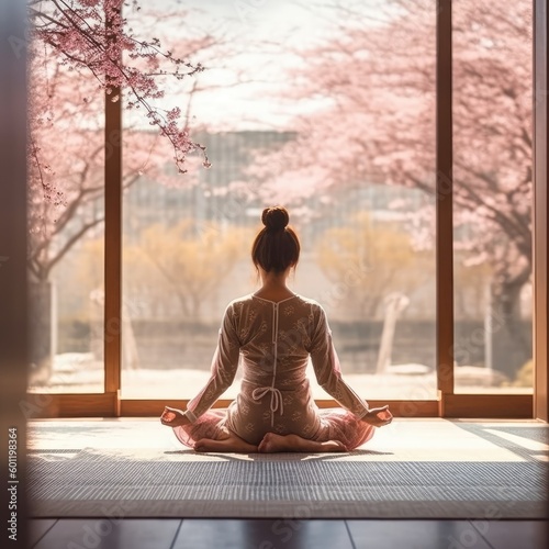 relaxed concept. Back of view full body woman doing yoga meditate in studio in front of stunning sakura view outside
