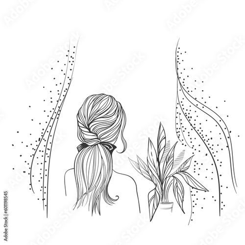 Drawing a girl standing by the window with her back to the viewer. On the windowsill of the flower