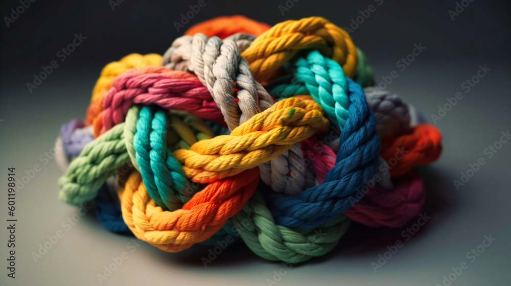 Rainbow colored rope with knots in middle on bright grey background