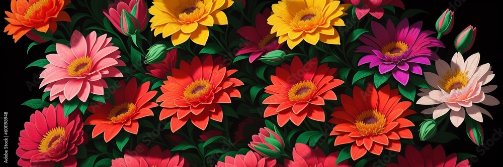 Obraz premium Colorful floral banner. Elegant ornament with exotic fantasy flowers, leaves. Folk style painting. Red flowers on black background. Modern tropical wallpapers. Design for print, site. Generative AI