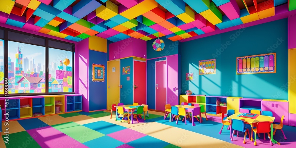 cartoon illustration of bright and colorful empty kindergarten classroom for young children. Nursery school for learning kids, modern interior of playroom for fun and playing games. Generative AI