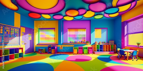 cartoon illustration of bright and colorful empty kindergarten classroom for young children. Nursery school for learning kids  modern interior of playroom for fun and playing games. Generative AI