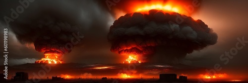 Nuclear explosion. Terrible atomic explosion of a nuclear bomb with a mushroom cloud of radioactive dust. Hydrogen bomb test. Nuclear catastrophe. Way to nuclear war. Generative AI
