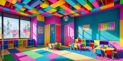 cartoon illustration of bright and colorful empty kindergarten classroom for young children. Nursery school for learning kids, modern interior of playroom for fun and playing games. Generative AI