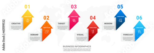 Vector modern infographics with 6 arrows and icons. Concept graphic process template with six steps and symbols. Timeline for the business project, graph, chart, diagram, finance, statistics