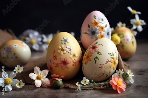 illustration, decorating easter eggs with spring flowers, ai generative.