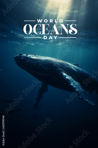 World oceans day illustration, underwater blue whale sea creature design