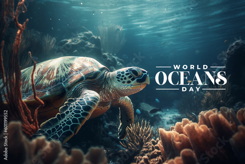 Valokuvatapetti World oceans day illustration, underwater turtle sea creature design