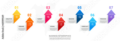 Vector modern infographics with 7 arrows and icons. Concept graphic process template with seven steps and symbols. Timeline for the business project, graph, chart, diagram, finance, statistics