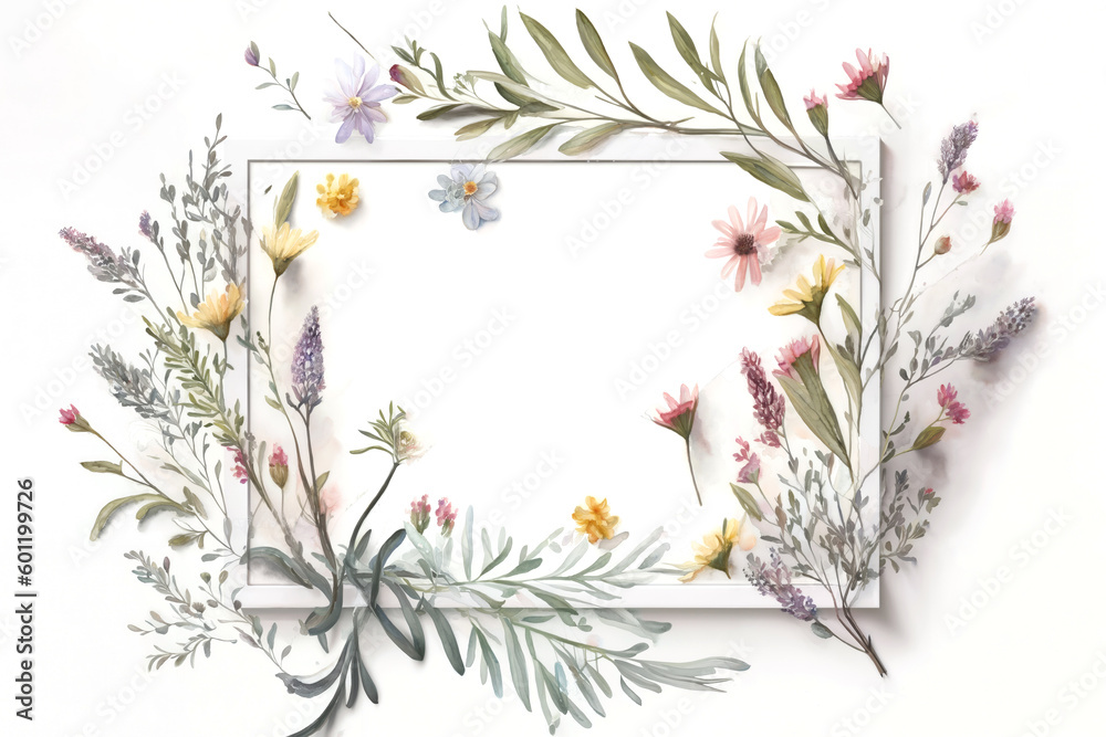 Watercolor illustration of a floral frame with wildflowers in horizontal orientation and transparent background. Generative AI  - obrazy, fototapety, plakaty 