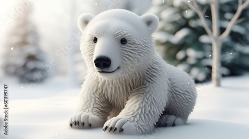 Cute little polar bear on the snow. Generative AI