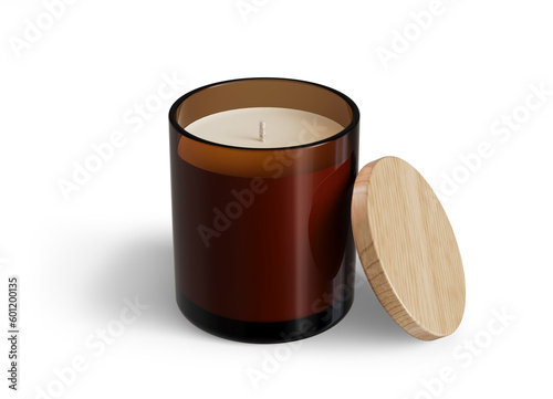 Minimalist candle mockup, amber glass candle jar with wooden lid open design-ready 3D render template