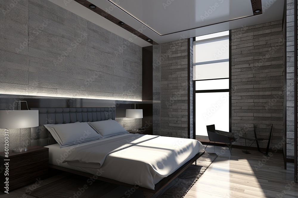 spacious bedroom with a king-sized bed and a panoramic window Generative AI spacious bedroom with a king-sized bed and a panoramic window Generative AI