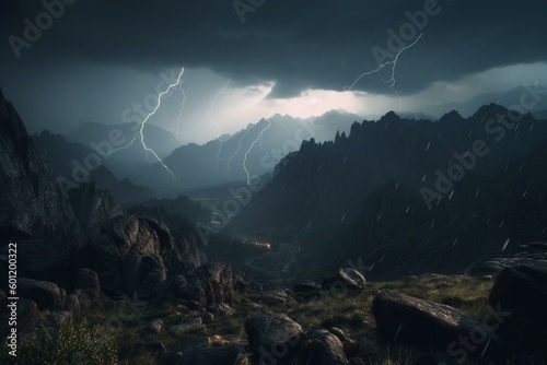 Thunderstorm above mountains, fictional. Generative AI