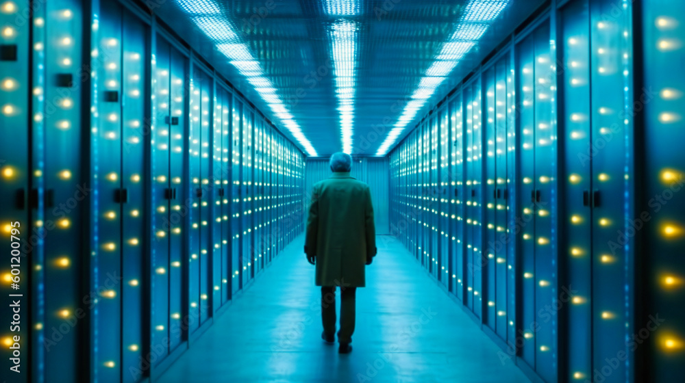 A man walking through a large data center with blue lights