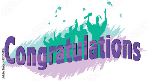 Congratulations typography with silhouette's of  flying mortar hats