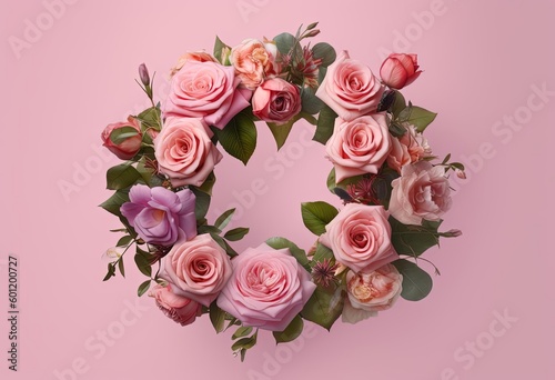 a circular arrangement of pink roses and greenery on a pink background, generative ai