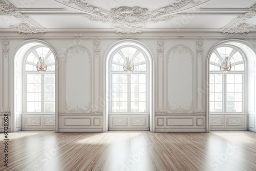 an empty room with three windows and a chandelier Generative AI