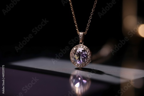 Radiant Diamond Pendant Necklace on Purple Background, Generative AI