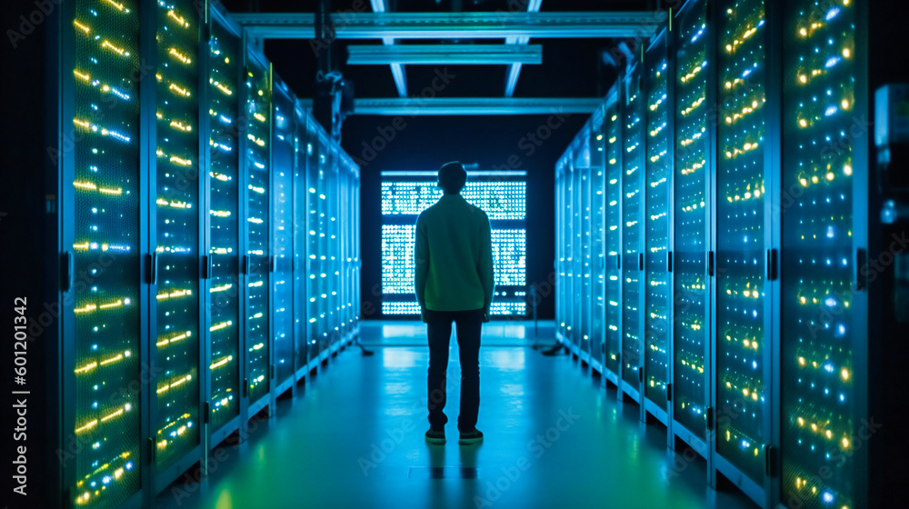 Young man standing on a server in a data center warehouse with blue lights Young man standing on a server in a data center warehouse with blue lights