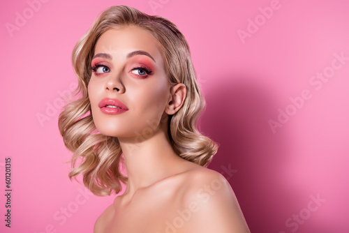 Attractive model girlfriend naked shoulders flawless neck body skin look empty space studio pink pastel background