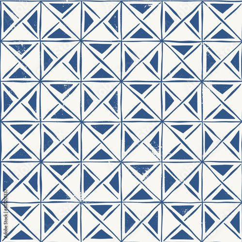 Boho Hand-Drawn Artisanal Wood Block Print Geometric Vector Seamless Pattern. Hans-Stamped Mirrored Triangles Organic Lines Background. Global Nomadic Design