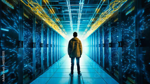 Young man standing on a server in a data center warehouse with blue lights