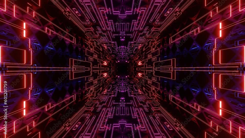 Glow sci fi symmetrical construction. Vj loop trendy neon tunnel. hi tech neon tunel. Sci-fi flight through cyberspace with symmetry. Video game or vj night club background with neon light.