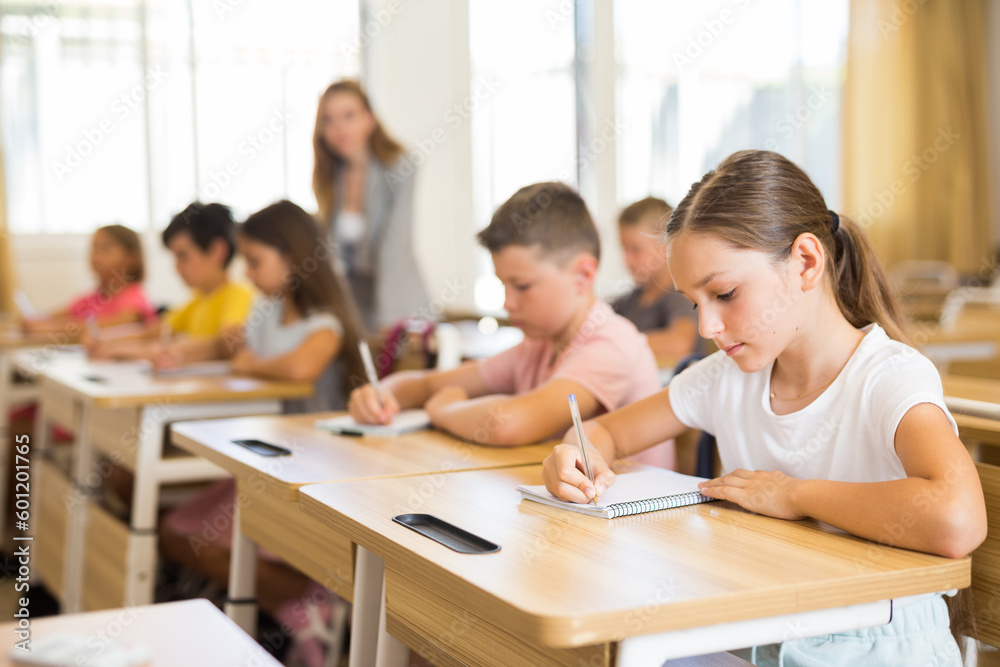 Schoolkids studying in classroom during lesson. Female teacher staning amongst desks.