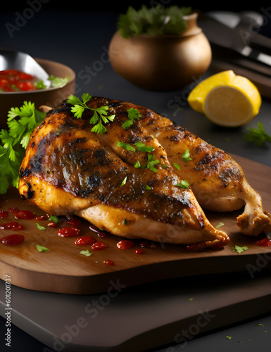 Juicy grilled chicken seasoned with herbs and spices, baste it with butter (ID: 601201737)