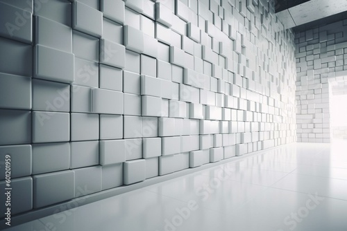 Futuristic polished tile wall, 3D rendered. White rectangular background made of blocks. Generative AI