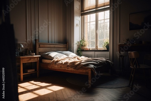 Sunlit bedroom with table. Generative AI © Baylor