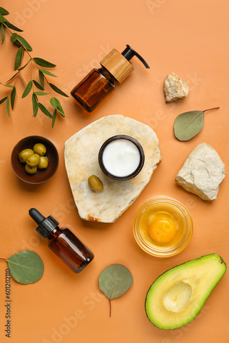 Wallpaper Mural Composition with natural cosmetics, ingredients and stones on color background Torontodigital.ca