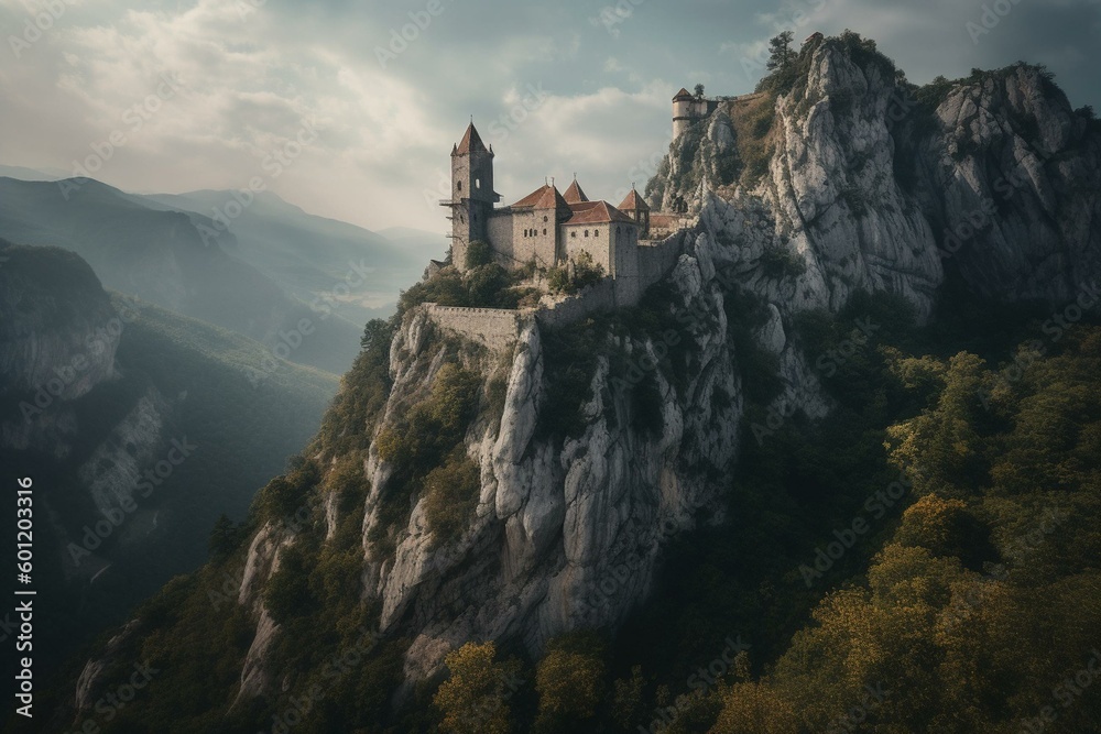A fortress from the middle ages placed on a peak. Generative AI