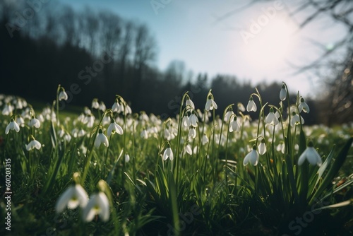 Vivid wildflowers in a green meadow on a blue day, snowdrops blossoming. Generative AI