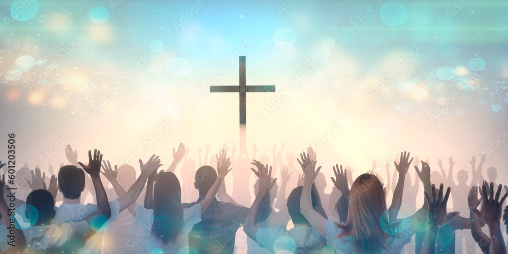 concept christian church worship and praise God show, the silhouette of the hands at concert 3D render - obrazy, fototapety, plakaty 