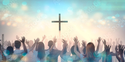 concept christian church worship and praise God show, the silhouette of the hands at concert 3D render photo