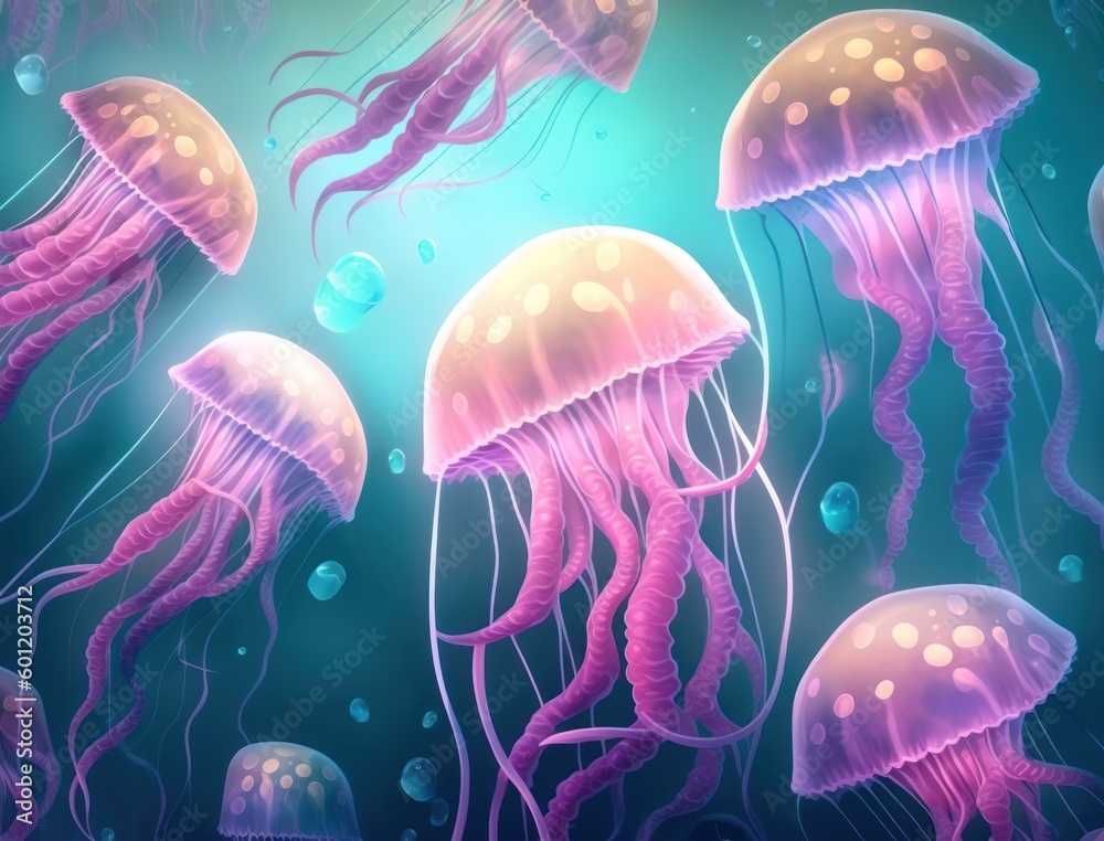 Jellyfish swims in the ocean sea created with Generative AI technology Jellyfish swims in the ocean sea created with Generative AI technology