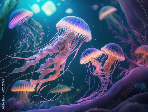 Jellyfish swims in the ocean sea created with Generative AI technology