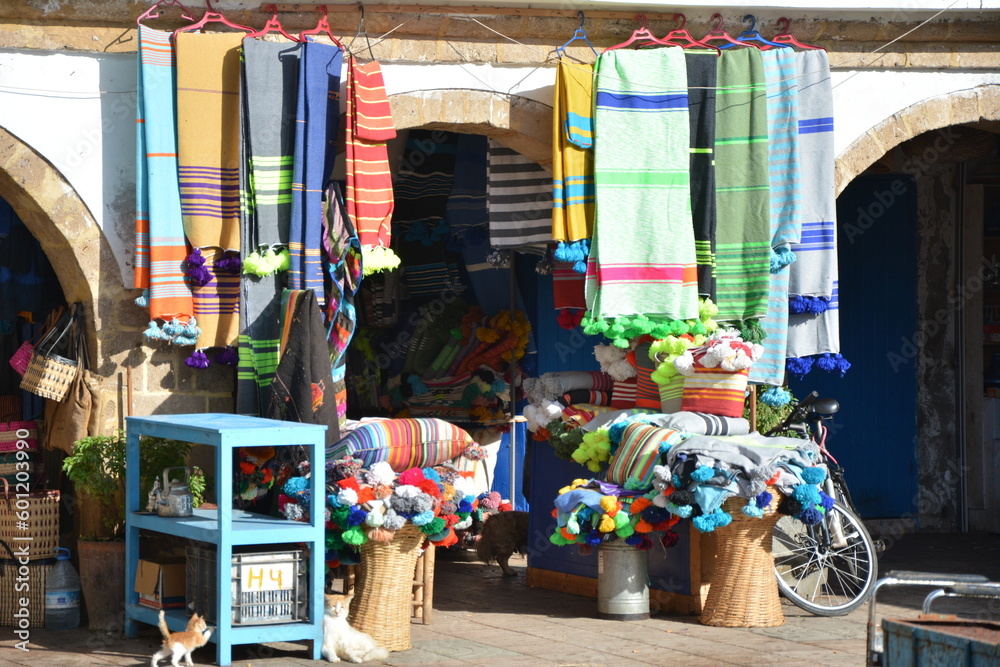 one of many beautiful, colorful moroccan shops, essaouira, morocco - obrazy, fototapety, plakaty 